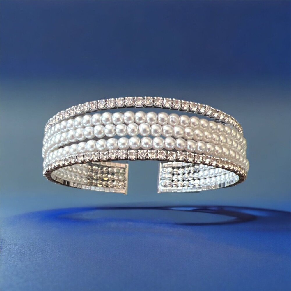 Very Glittery Faux Diamond and Baby Pearl Open Cuff Bracelet